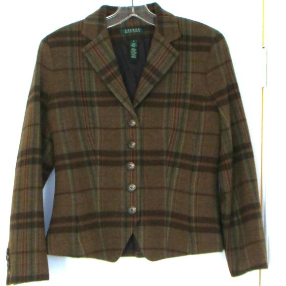 Vintage Lauren, Ralph Lauren: Plaid Wool Blazer Brown Sz 4 - Picture 1 of 5